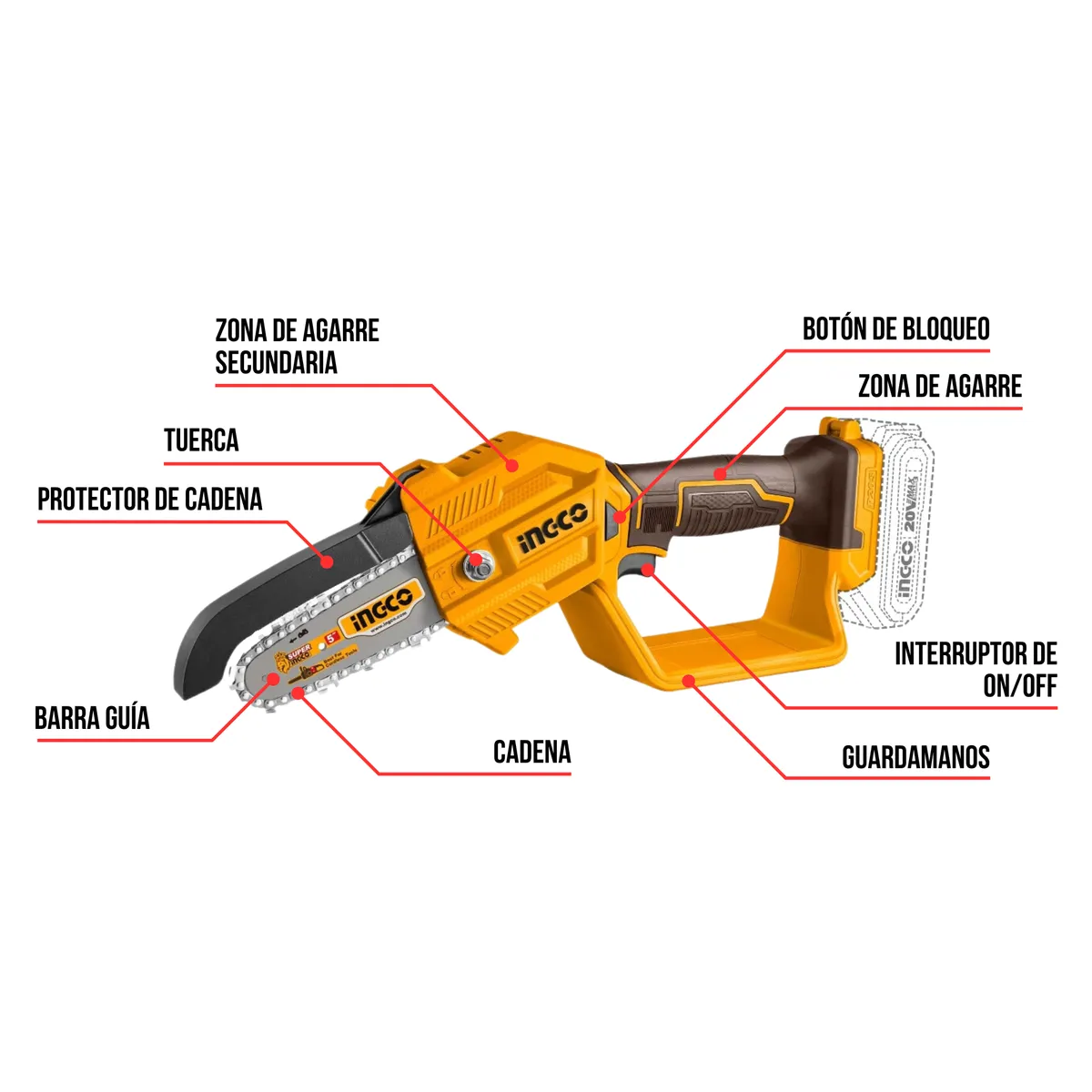 INGCO TOOLS - Mini motosierra 5 inalambrica + bateria 2ah y cargador Ingco
