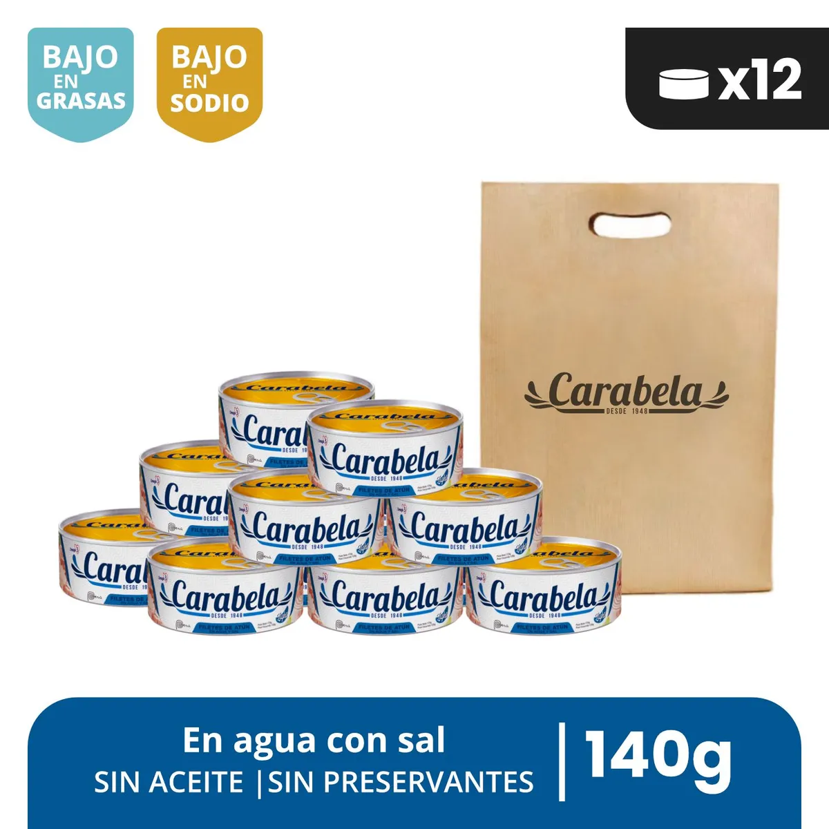 CARABELA - Filetes de Atún en agua y sal Carabela 140gr Pack x12