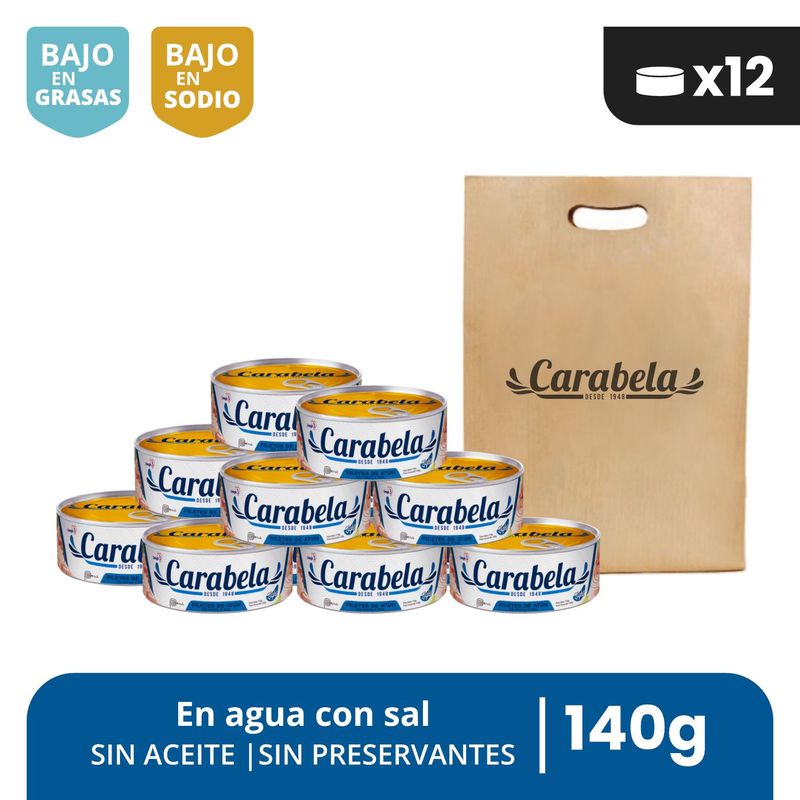 CARABELA - Filetes de Atún en agua y sal Carabela 140gr Pack x12