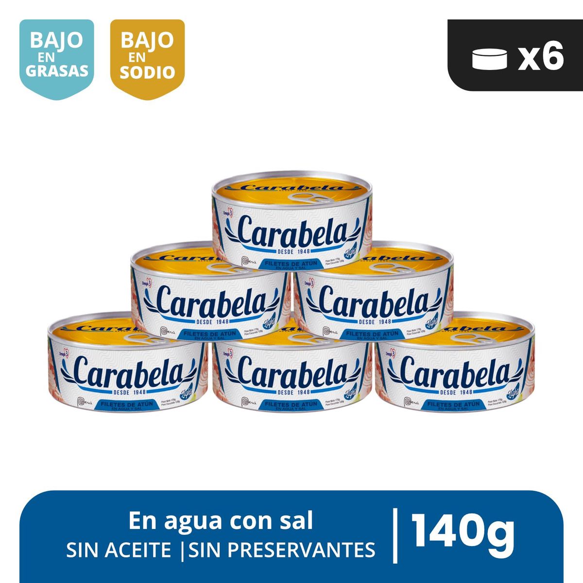 CARABELA - Filetes de Atún en agua y sal Carabela 140gr Pack x6