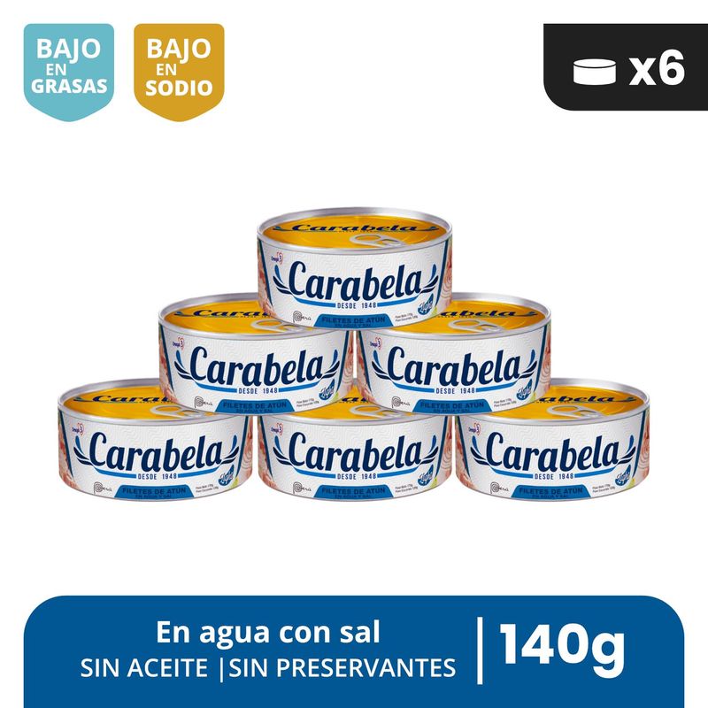 CARABELA - Filetes de Atún en agua y sal Carabela 140gr Pack x6