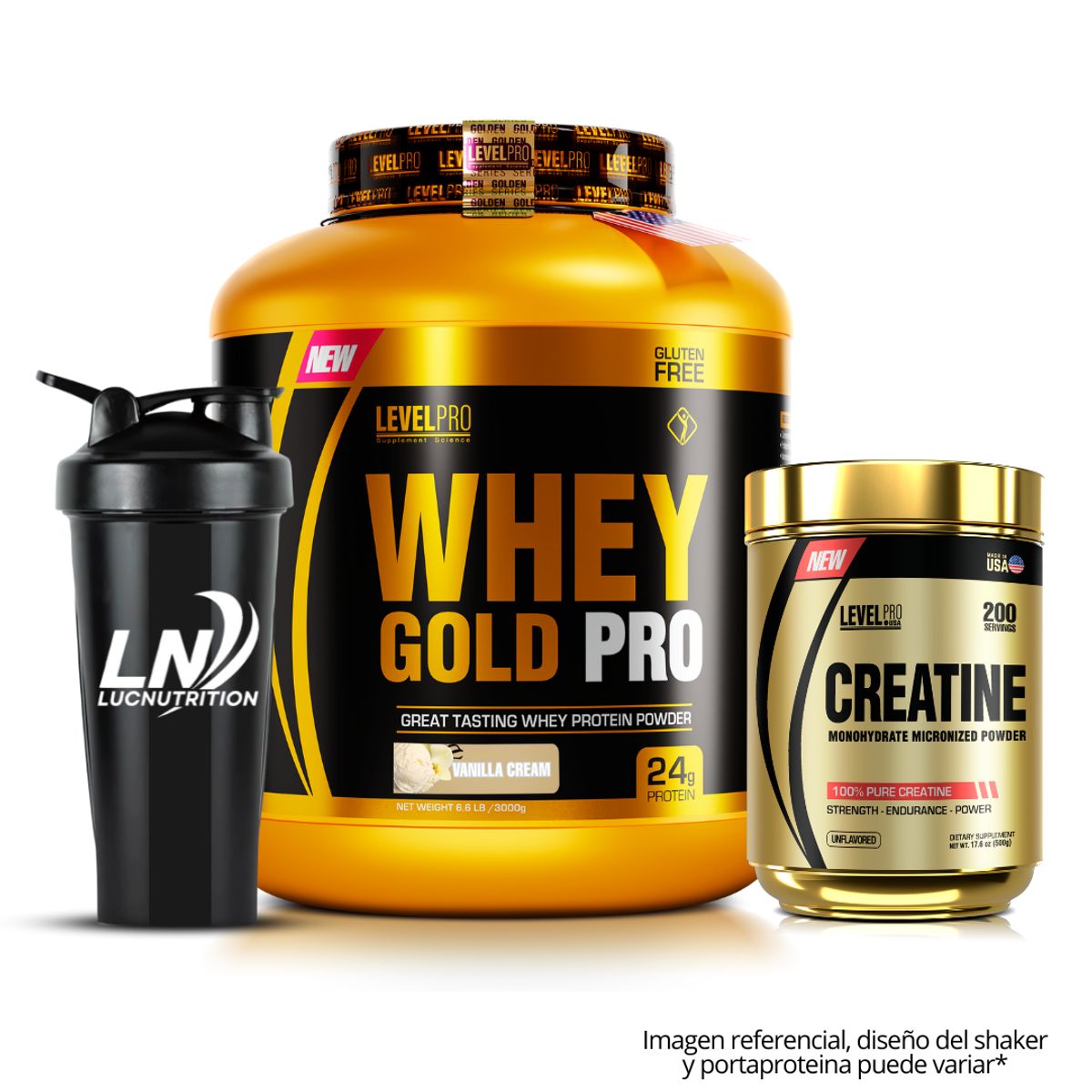 LEVEL PRO - Whey Gold Pro 3 kg / 6.6 lb vainilla + Creatina level pro 500 g + shaker