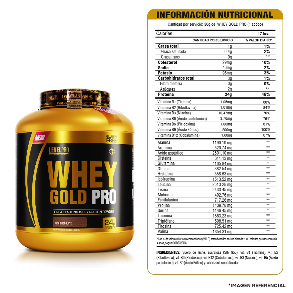 LEVEL PRO - Whey Gold Pro 3 kg / 6.6 lb vainilla + Creatina level pro 500 g + shaker