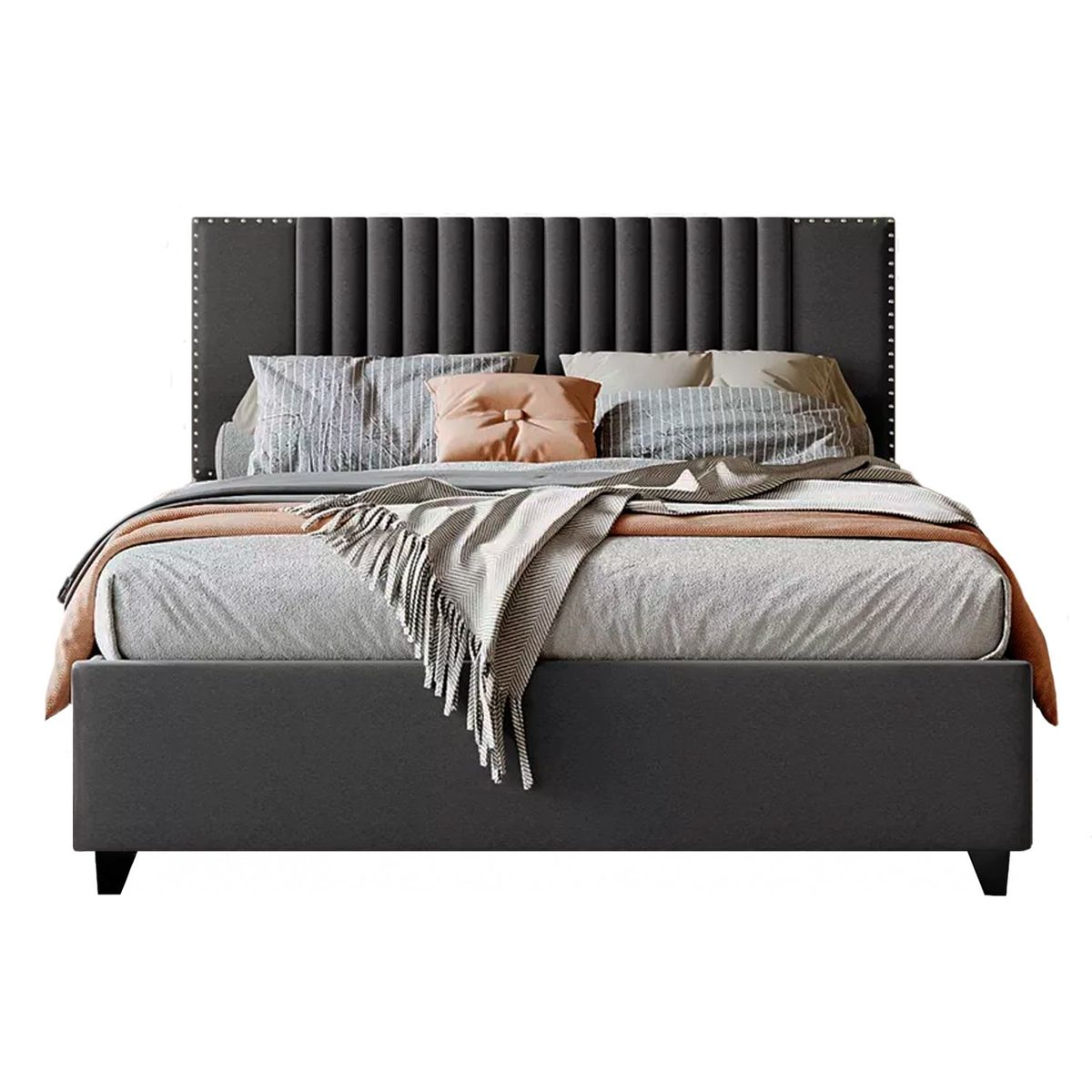 GENERICO - Cama Tapizada Listón Iris Gris Oscuro 1.5 Plz