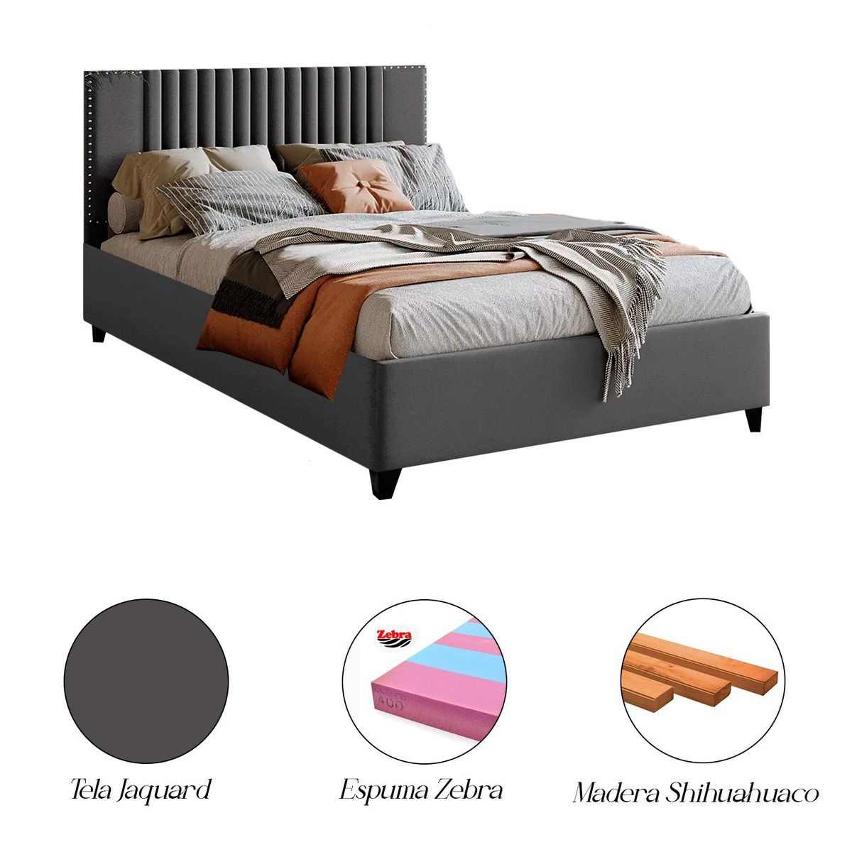 GENERICO - Cama Tapizada Listón Iris Gris Oscuro 1.5 Plz