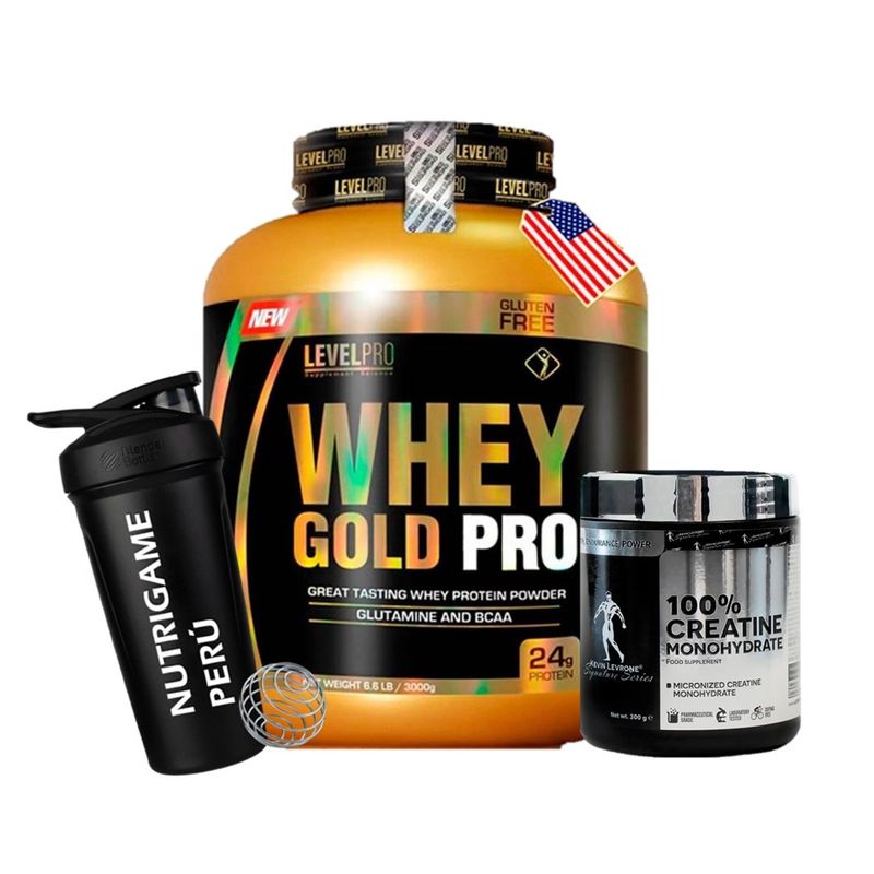 LEVEL PRO - Pack Whey Gold Pro 6.6 Lb / 3Kg Rich Chocolate +Creatina Levrone 300Gr