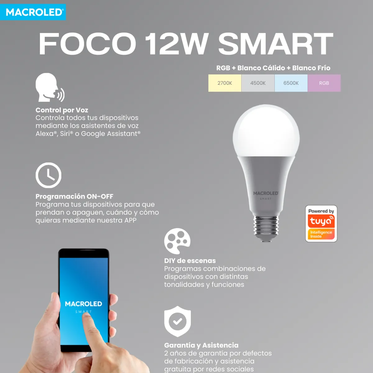 GENERICO - Foco Smart 12W RGB WIFI+BLUETOOTH