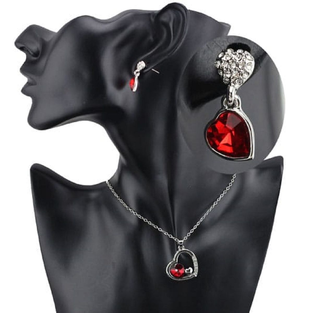 GENERICO - Pack de Joyas Corazón Rojo Collar y Aretes Bisuteria Regalo - Genieka_.