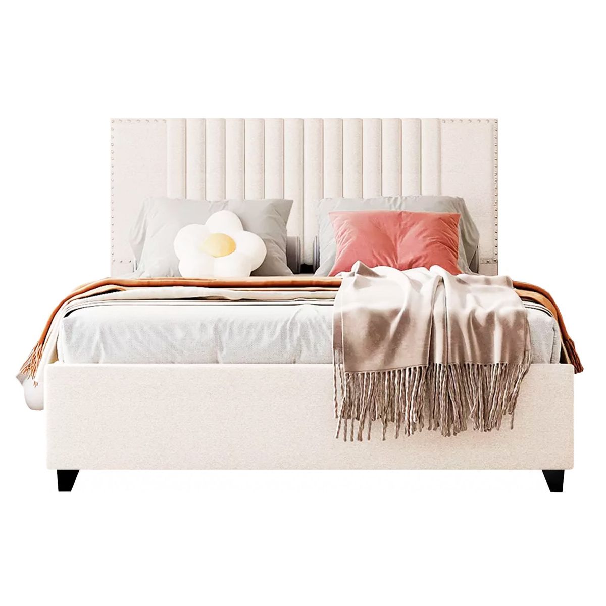 GENERICO - Cama Tapizada Listón Iris Ivory 2 Plazas