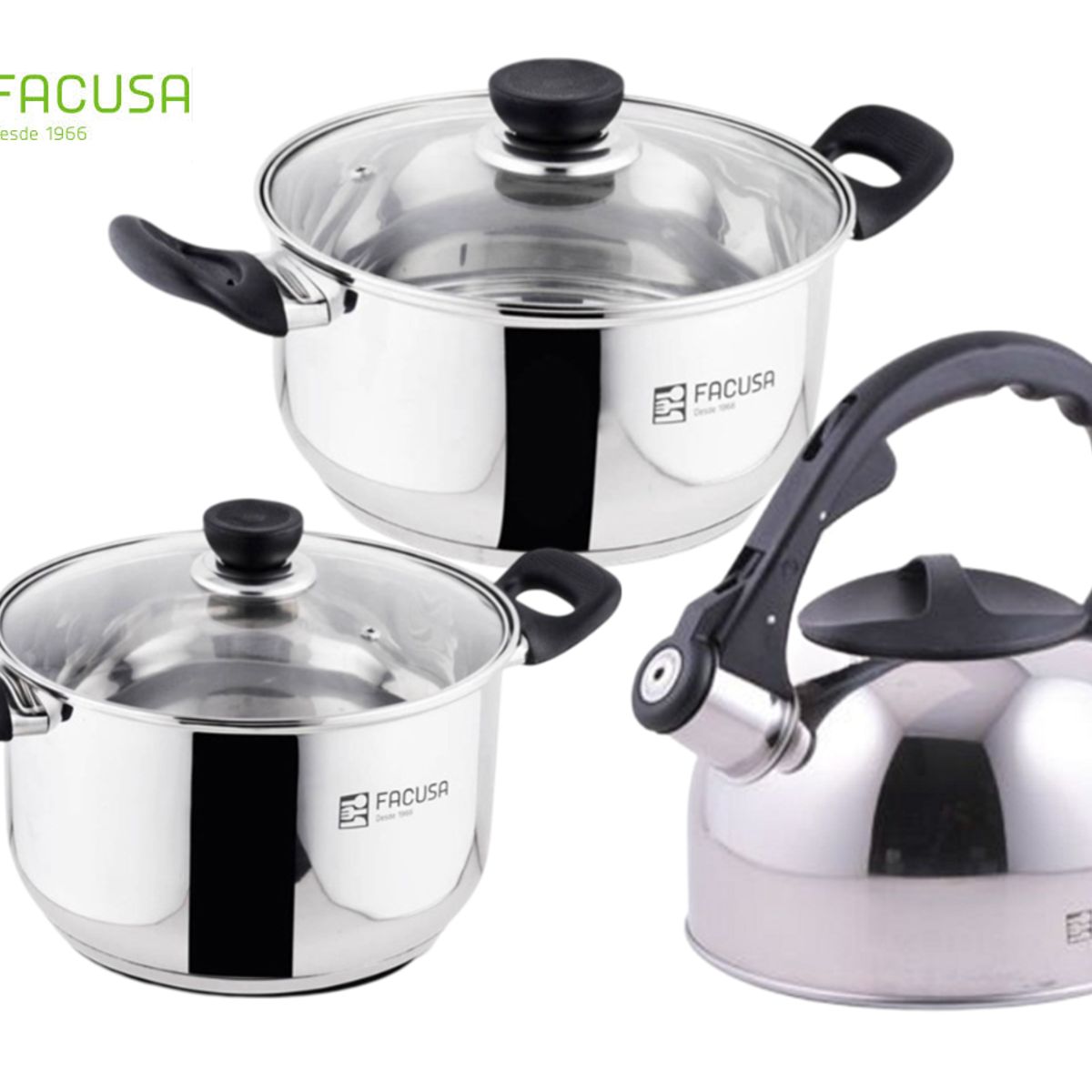 FACUSA - Juego de Ollas con tetera -5  piezas Acero Inoxidable con tapa de Vidrio Facusa