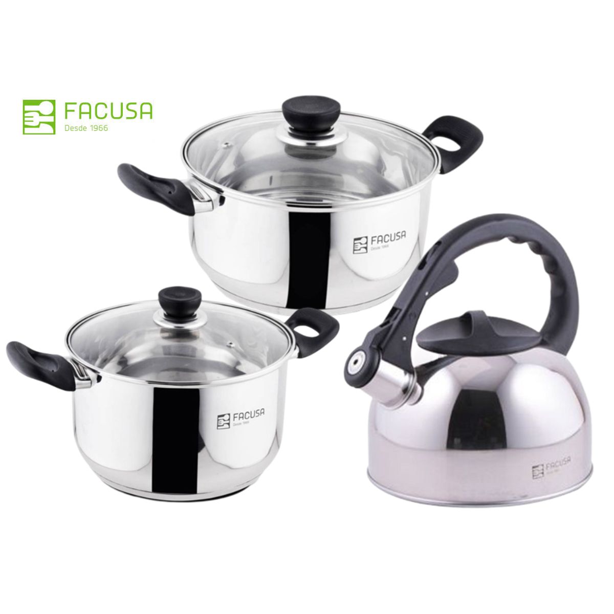 FACUSA - Juego de Ollas con tetera -5  piezas Acero Inoxidable con tapa de Vidrio Facusa