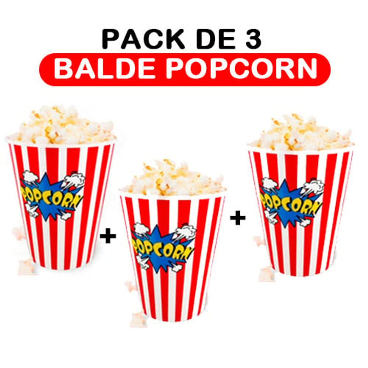 GENERICO - BALDE POPCORN 16CM - SET DE 3 - ROJO
