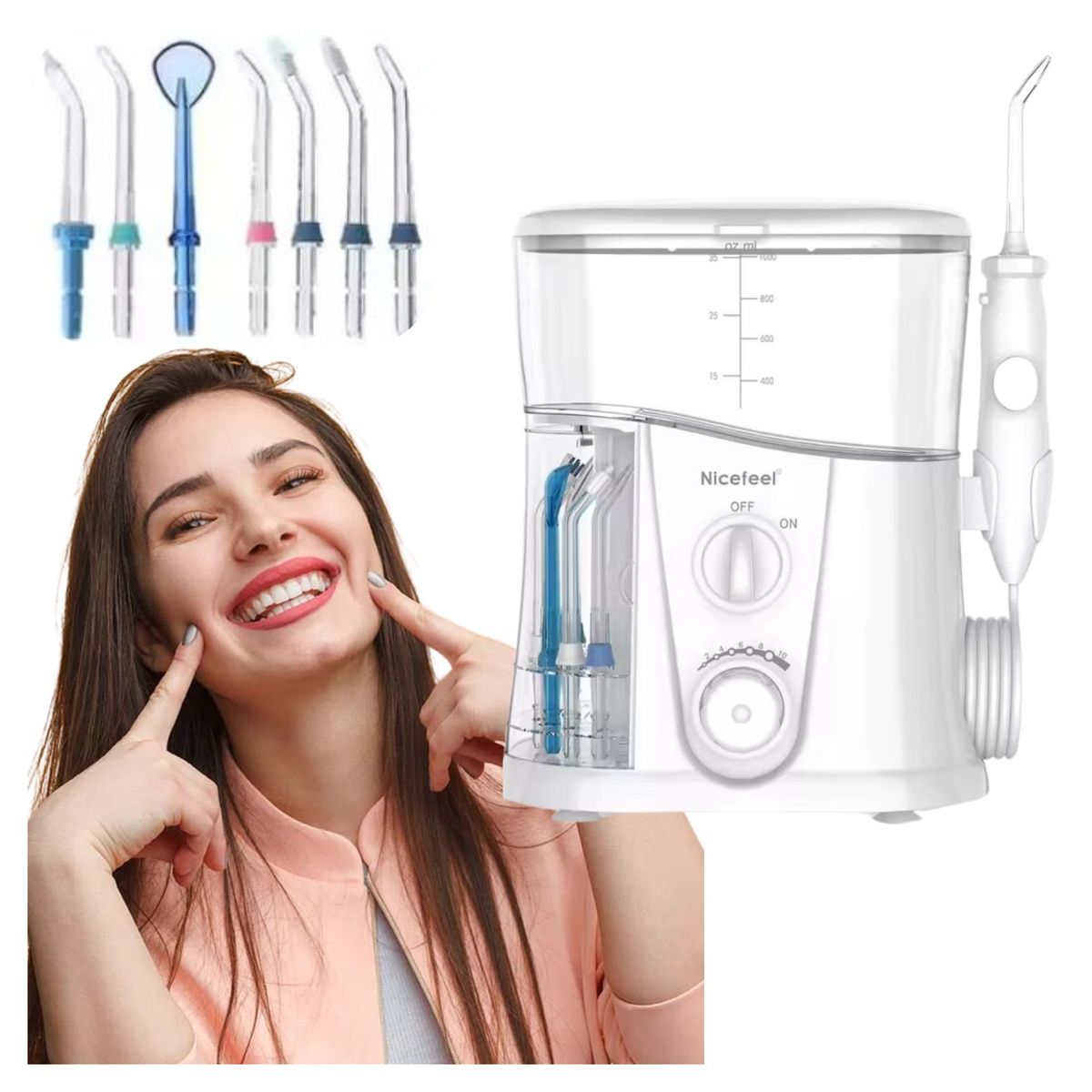 DAUER - Irrigador Bucal Eléctrico Familiar 10 Niveles+7 Boquillas