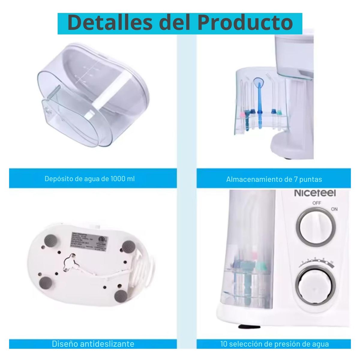 DAUER - Irrigador Bucal Eléctrico Familiar 10 Niveles+7 Boquillas