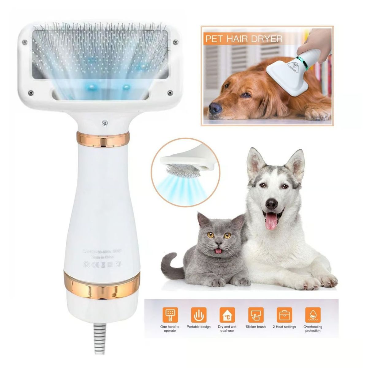 GENERICO - Cepillo Secador Para Mascotas 2 en 1