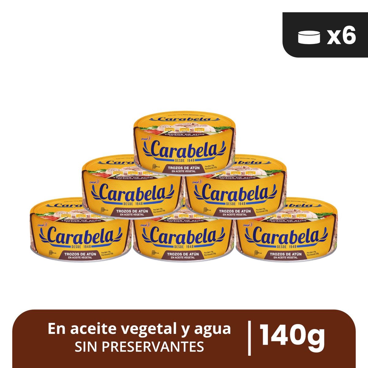 CARABELA - Trozos de Atún en aceite vegetal Carabela 140gr Pack x6