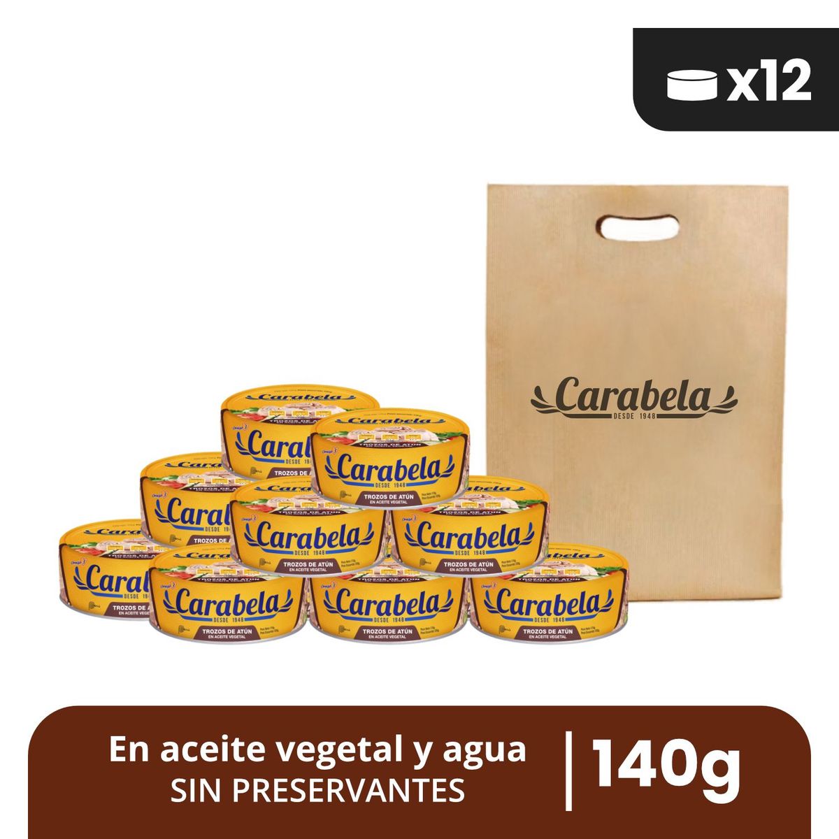 CARABELA - Trozos de Atún en aceite vegetal Carabela 140gr Pack x12