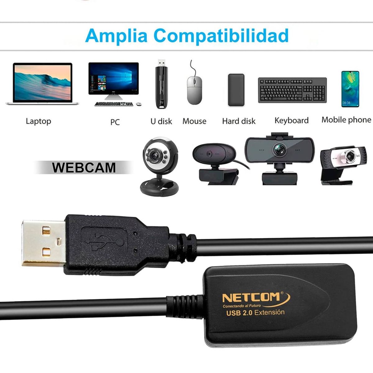 NETCOM - Cable Extensión USB 2.0 Activo Netcom Macho a Hembra 15 M