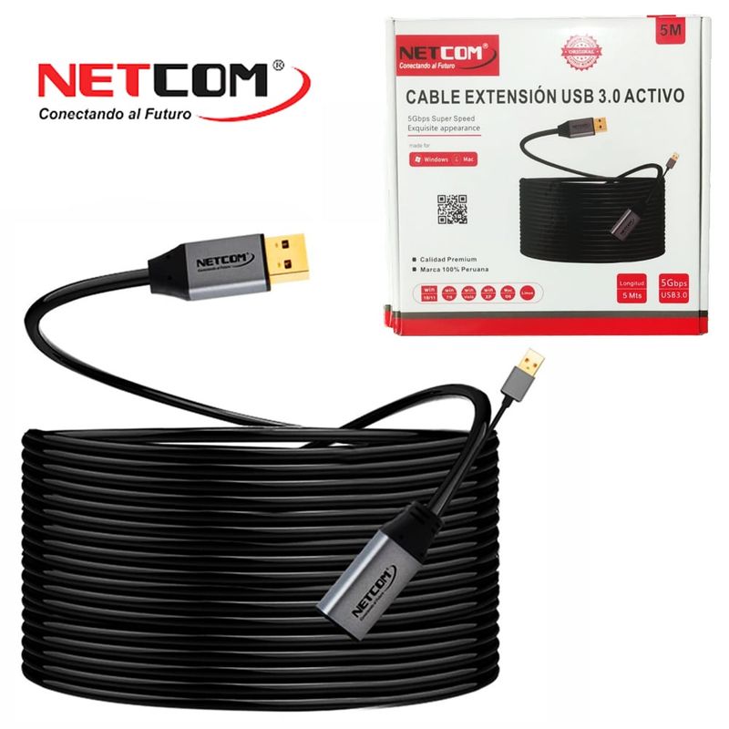 NETCOM - Cable Extensión USB 3.0 Activo Netcom Macho a Hembra 5 M