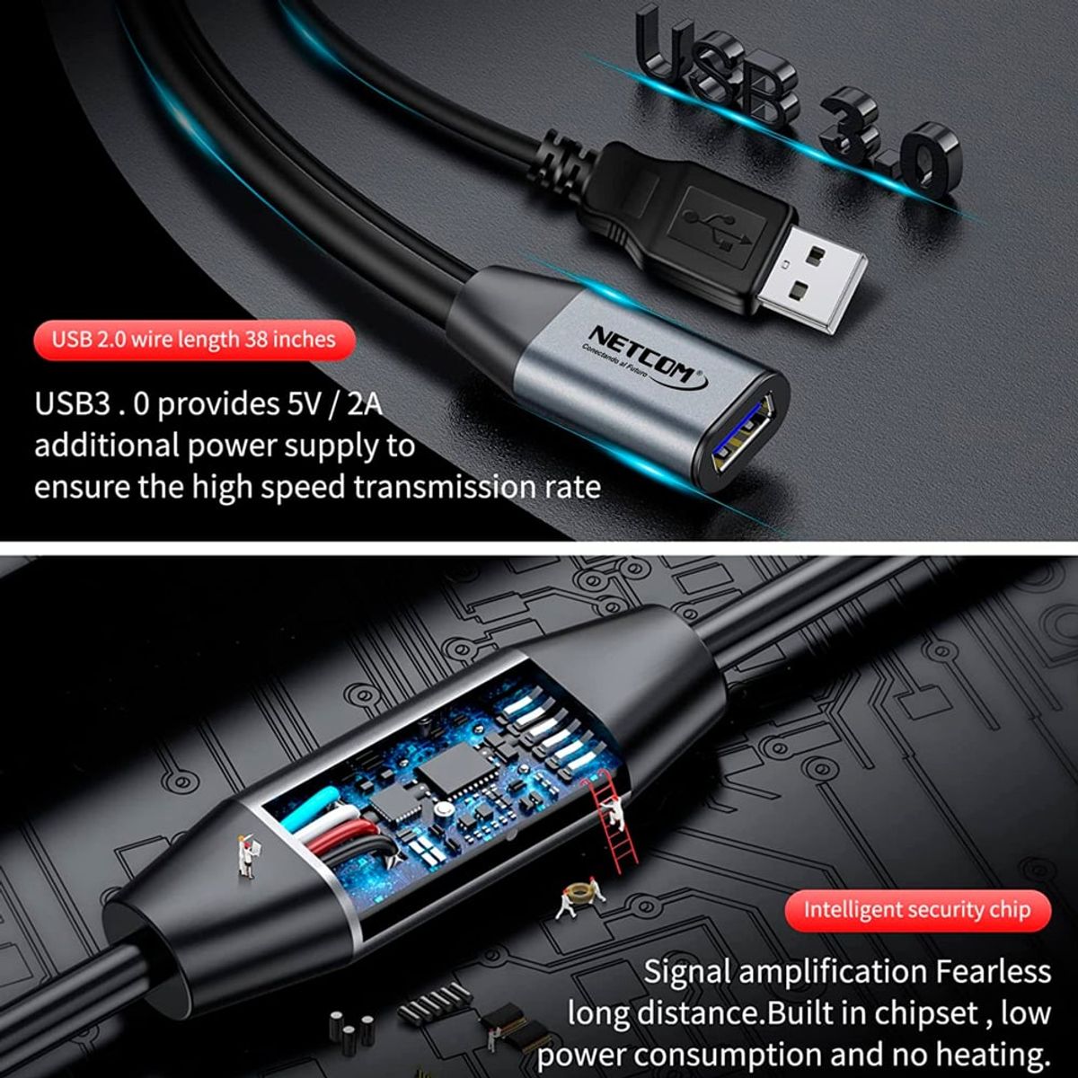 NETCOM - Cable Extensión USB 3.0 Activo Netcom Macho a Hembra 5 M