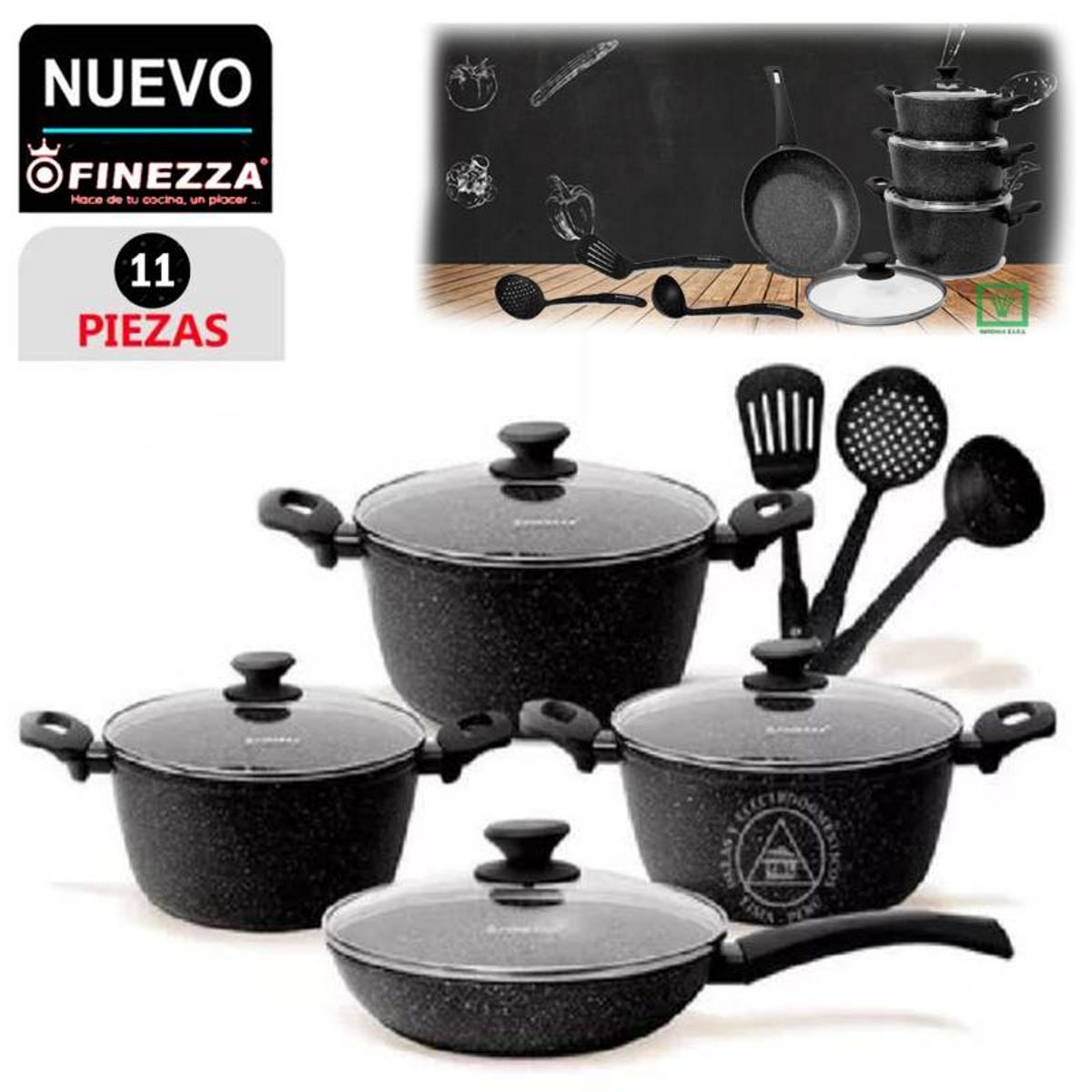 FINEZZA - Juego de Ollas 11Pzas Ultra Granito FZ-X1713M Negro