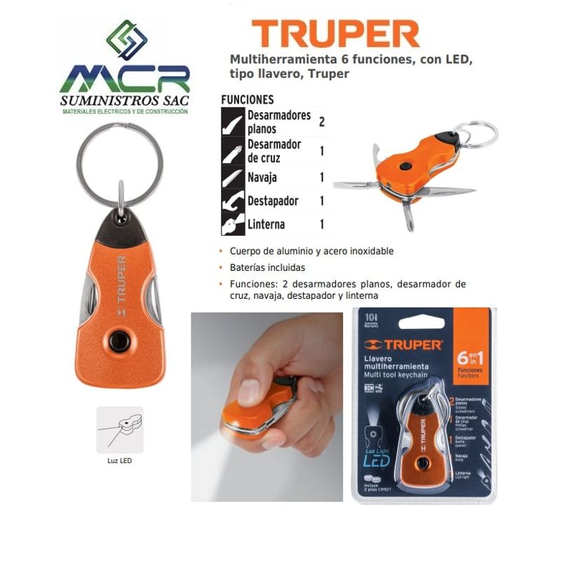TRUPER - Multiherramienta 6 funciones con LED tipo llavero Truper (10und)