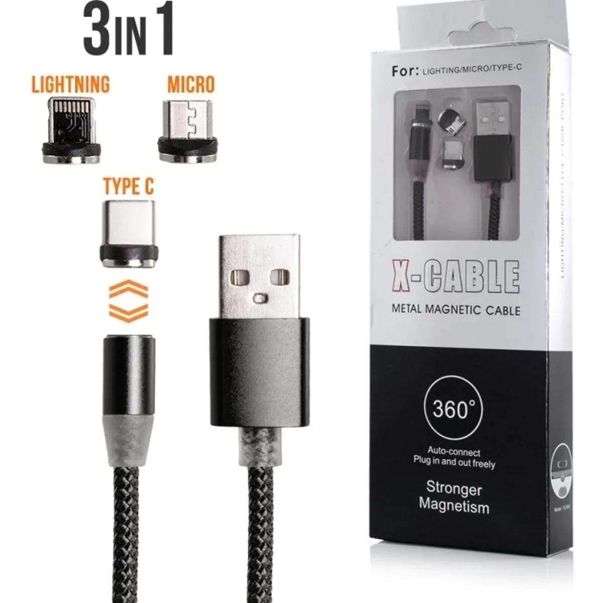 GENERICO - Cable Imantado Magnético 3 En 1 Android Tipo C Y Lightning - Plata