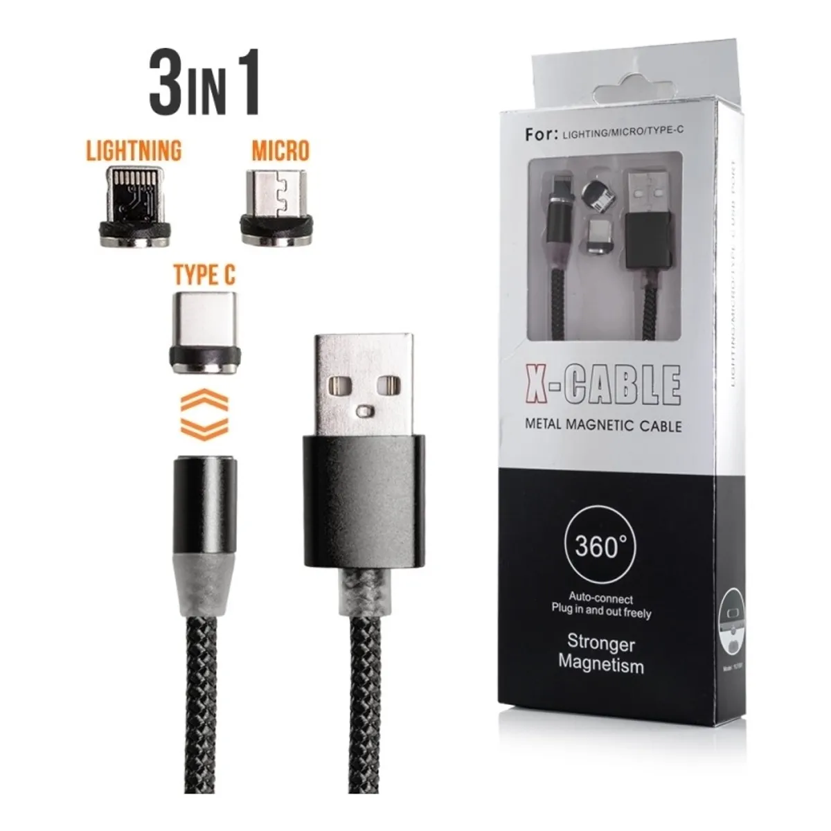 GENERICO - Cable Imantado Magnético 3 En 1 Android Tipo C Y Lightning - Plata