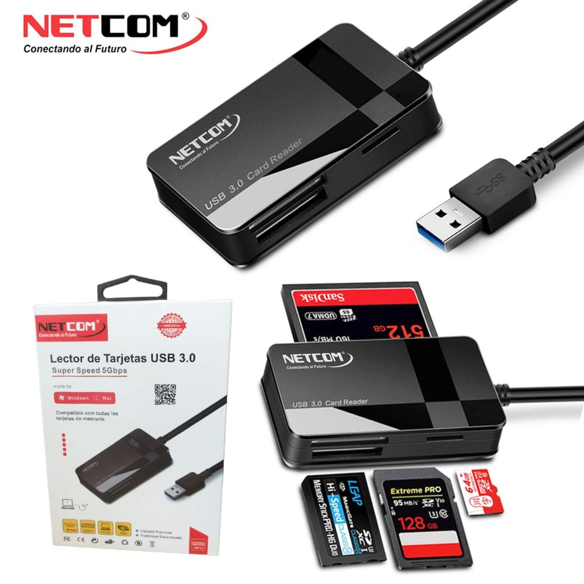 NETCOM - Lector de tarjetas NETCOM USB 3.0 SD Micro sd MMC CF MS SDHC Micro MMC