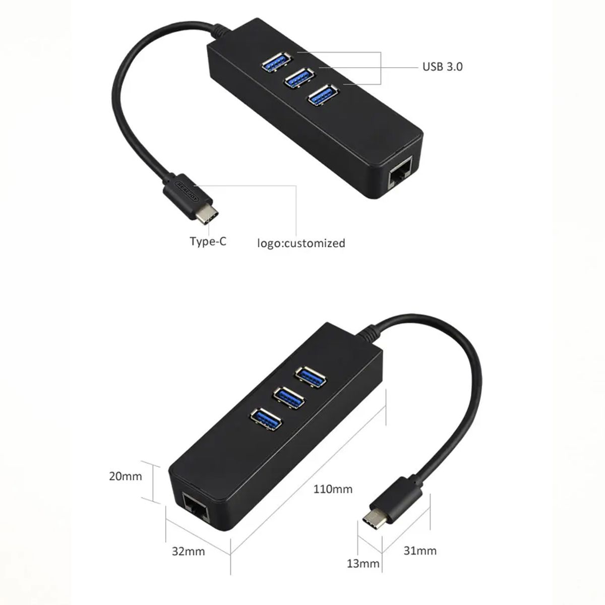 GENERICO - Adaptador Usb 3.1 tipo C a Rj45 Usb Lan Ethernet + Hub 3 Puertos