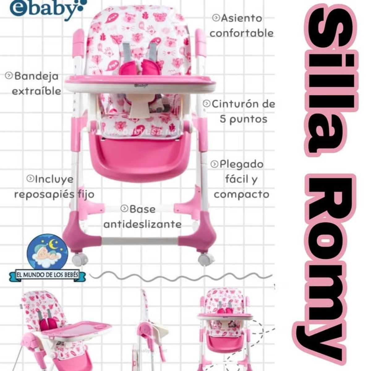 EBABY - Silla de Comer con 2ble bandeja y llantas de freno