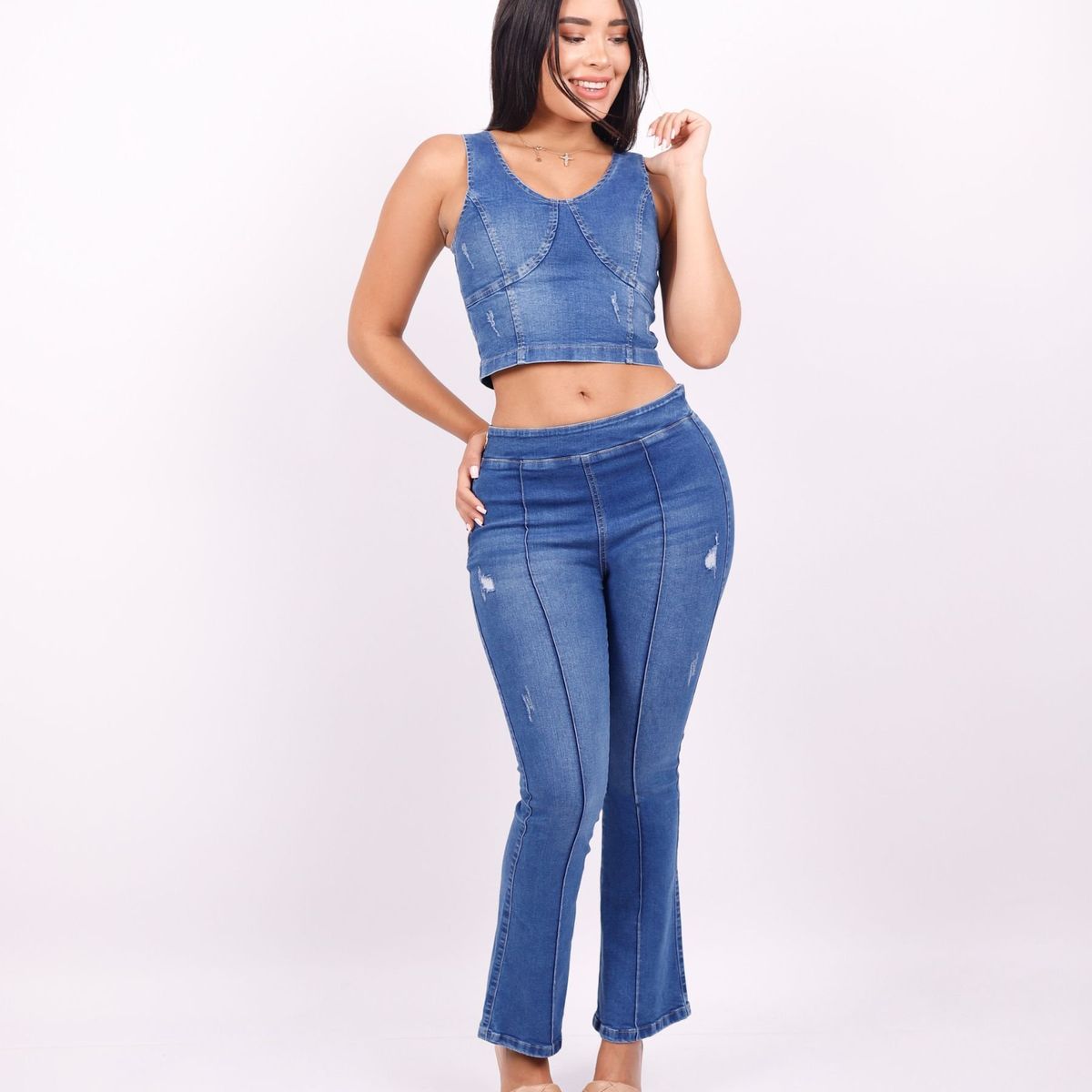 BENCUS JEANS - Conjunto Jeans Mujer Pantalón Acampanado y Top