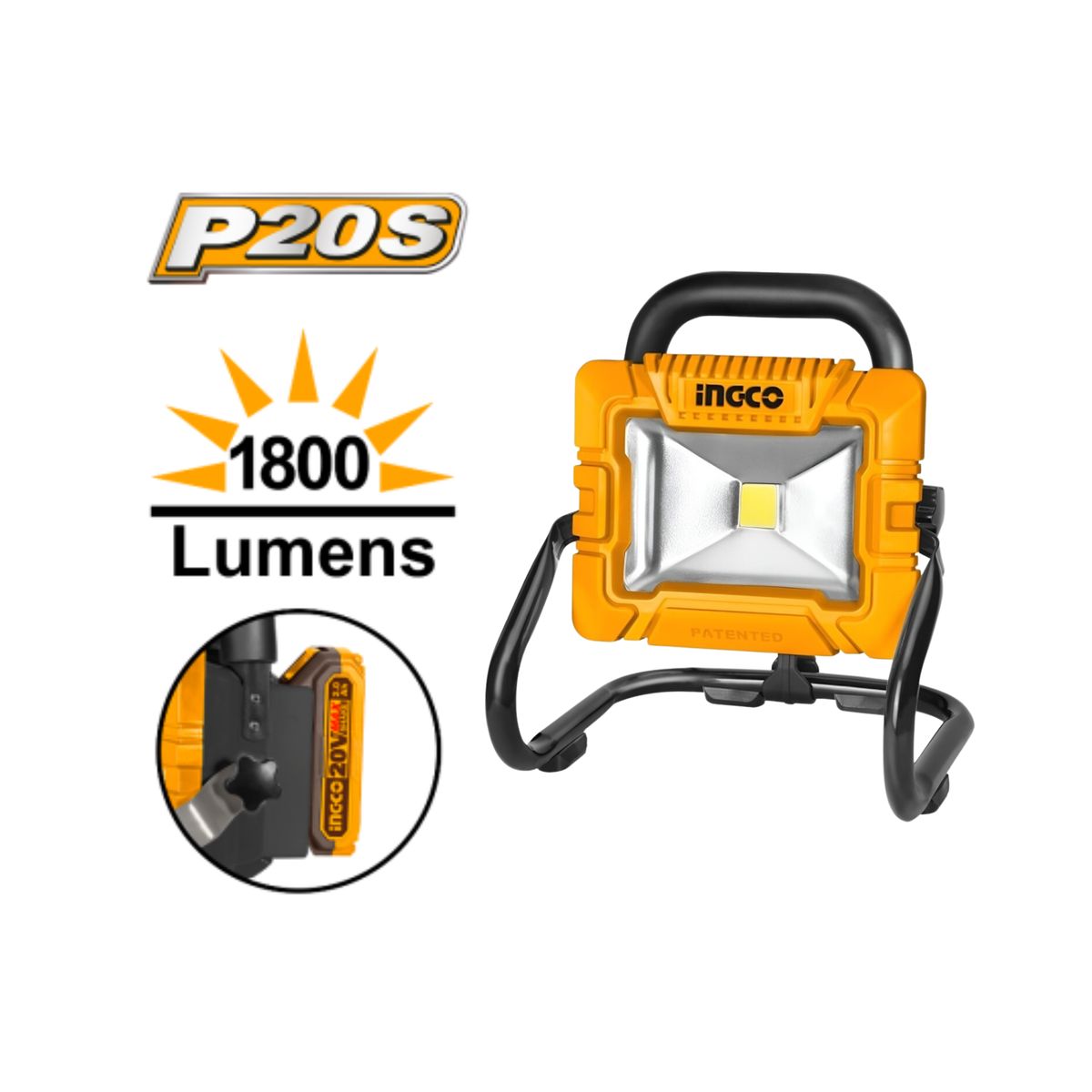 INGCO TOOLS - Reflector de 20w portatil + bateria 2ah y cargador Ingco