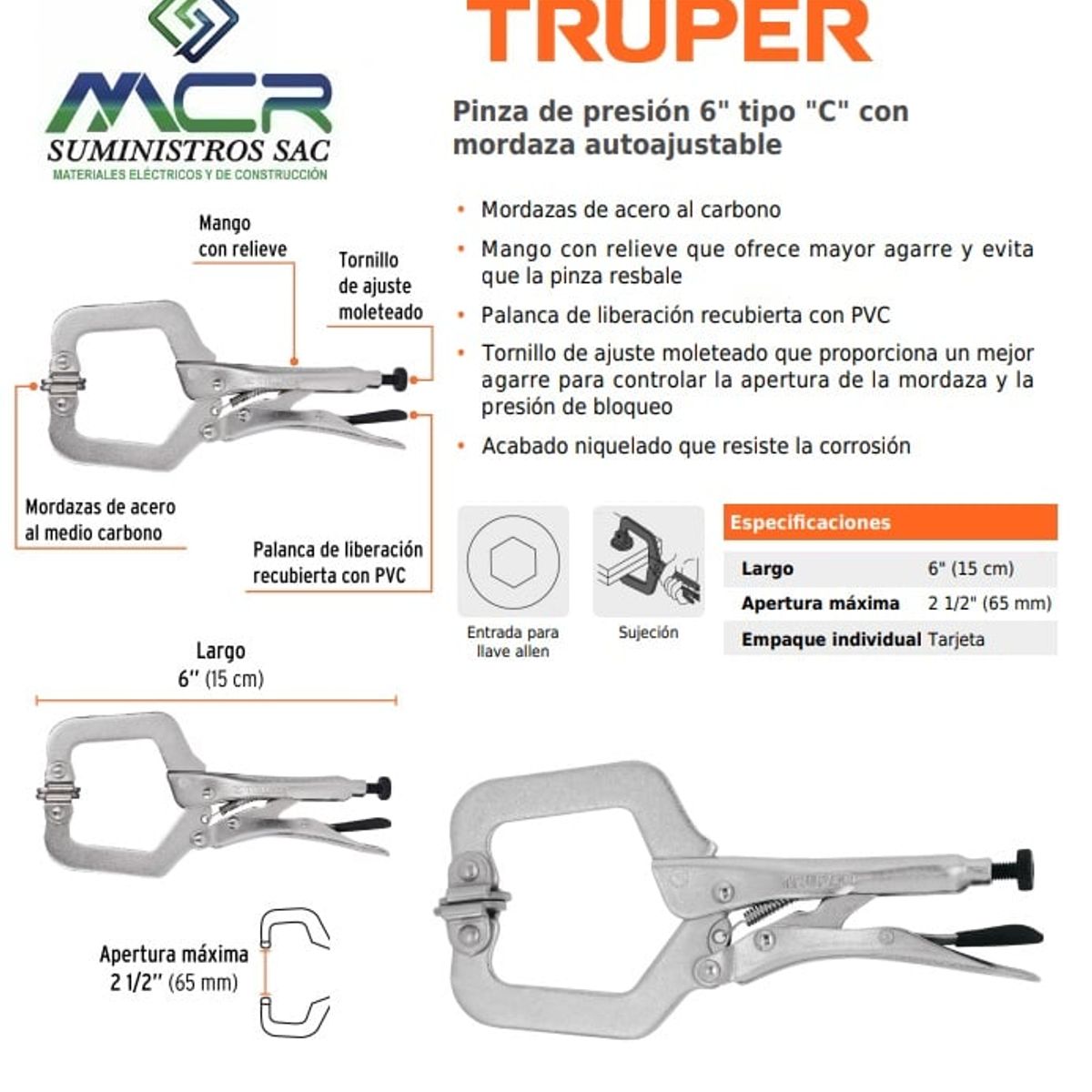 TRUPER - Pinza de presión 6 tipo C con mordaza autoajustable