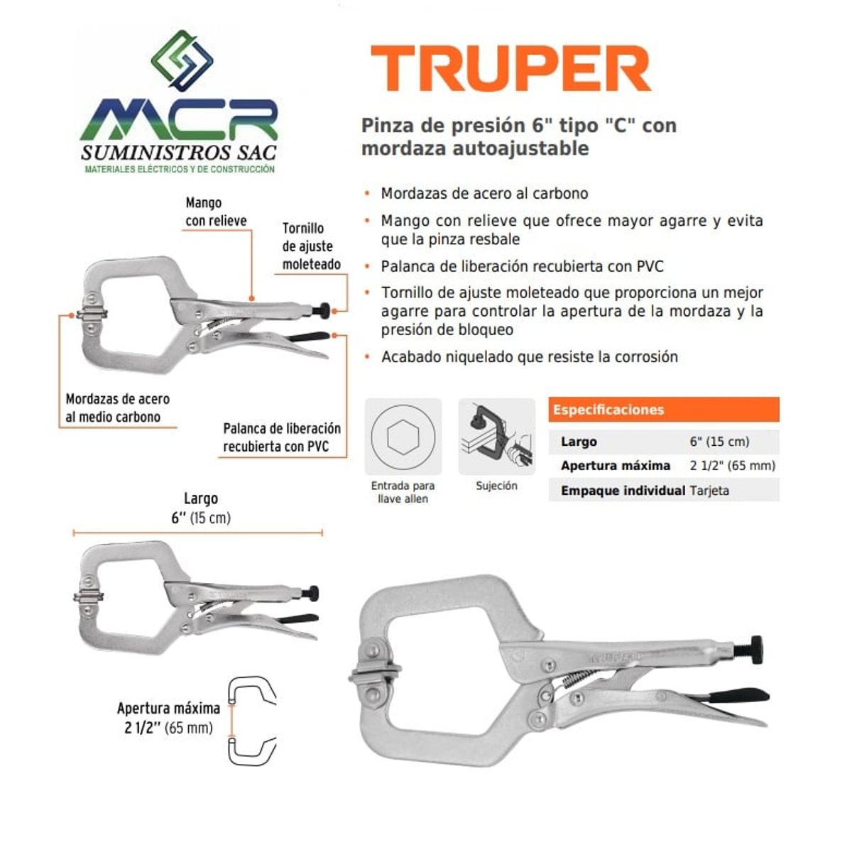 TRUPER - Pinza de presión 6 tipo C con mordaza autoajustable