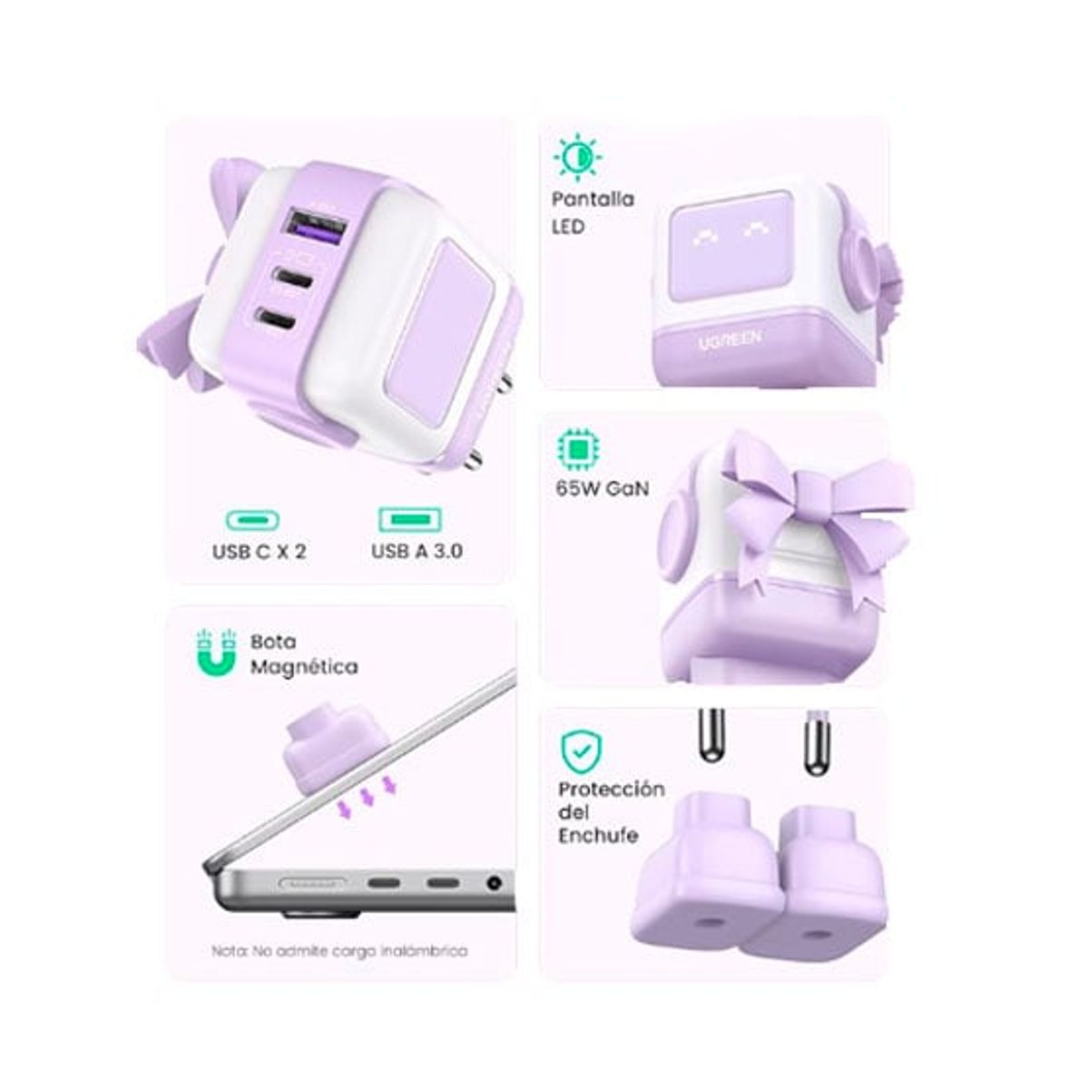 UGREEN - Cargador Ugreen USB-C Gan 65W Fast Charger Morado