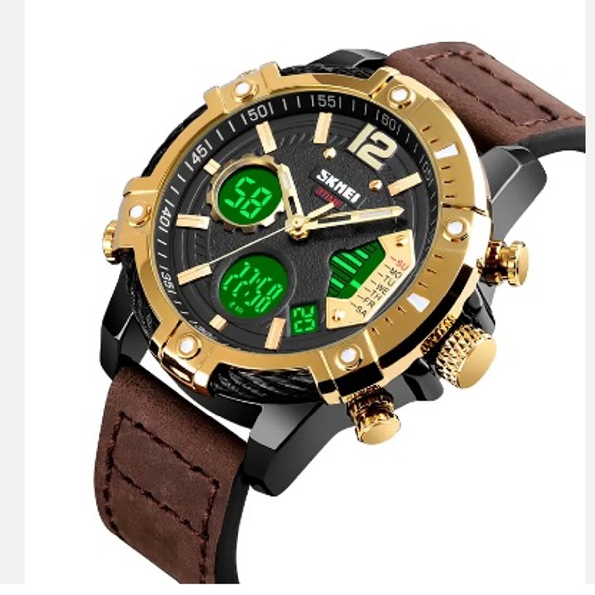 SKMEI - Reloj Skmei 1618 De Lujo Cuero Genuino Analógico Digital 30m