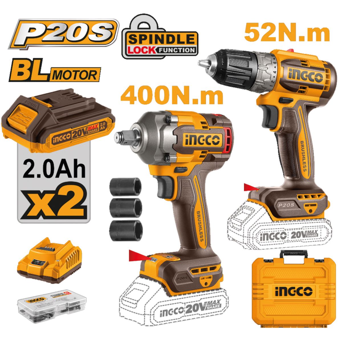 INGCO TOOLS - Kit Brushless Ingco Llave Impacto 400NM + Atornillador 52NM CKLI20271