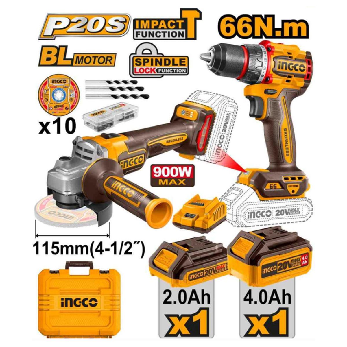 INGCO TOOLS - KIT BRUSHLESS PERCUTOR + AMOLADORA + 10 DISCOS + 2 BATERÍAS CKLI20273