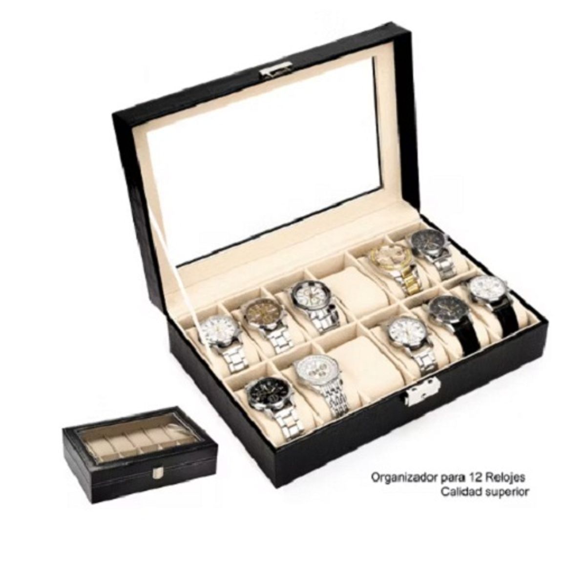 GENERICO - MALETÍN CAJA ORGANIZADORA PARA 12 RELOJES NEGRO