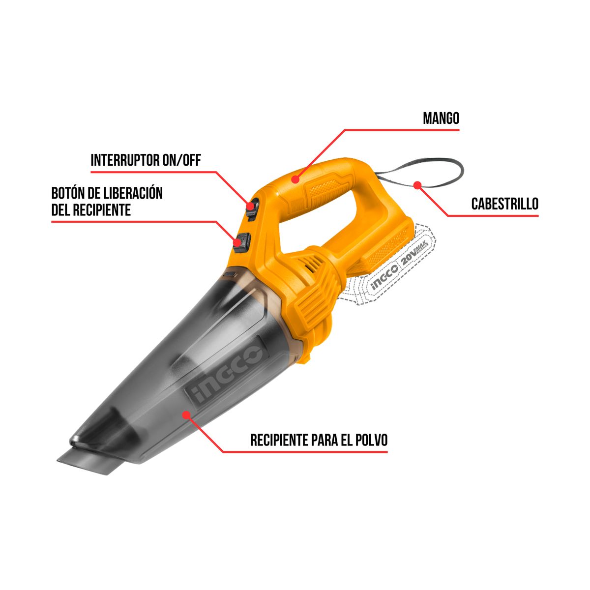 INGCO TOOLS - Aspiradora para auto 0.5 Litros + bateria 2ah y cargador Ingco
