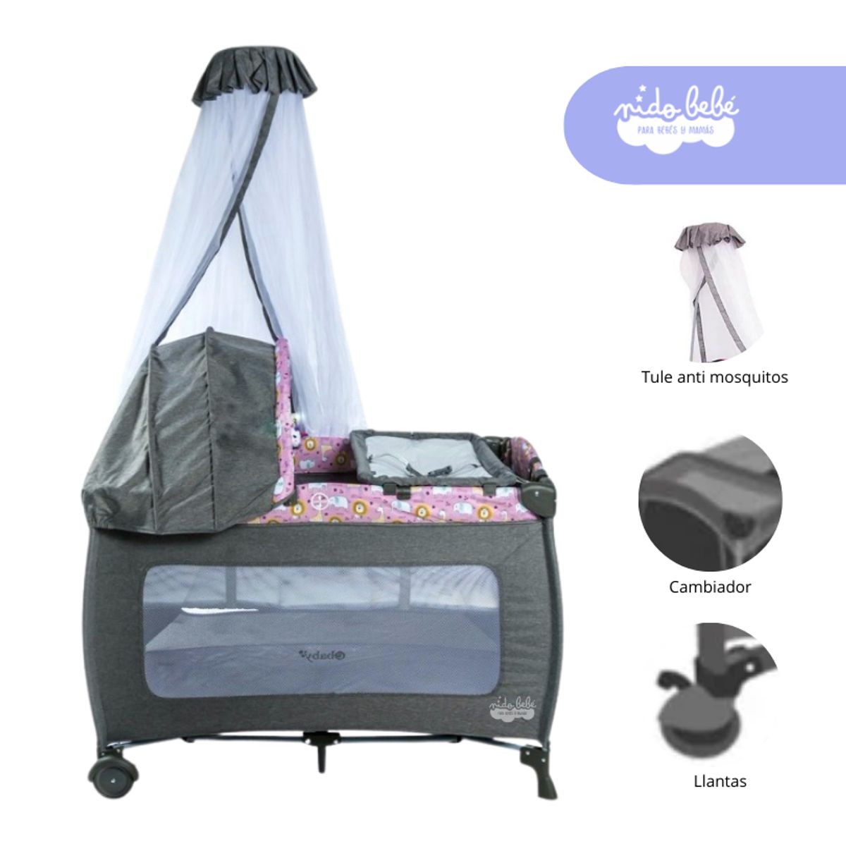 EBABY - Cuna Corral Marina Color plomo y rosado