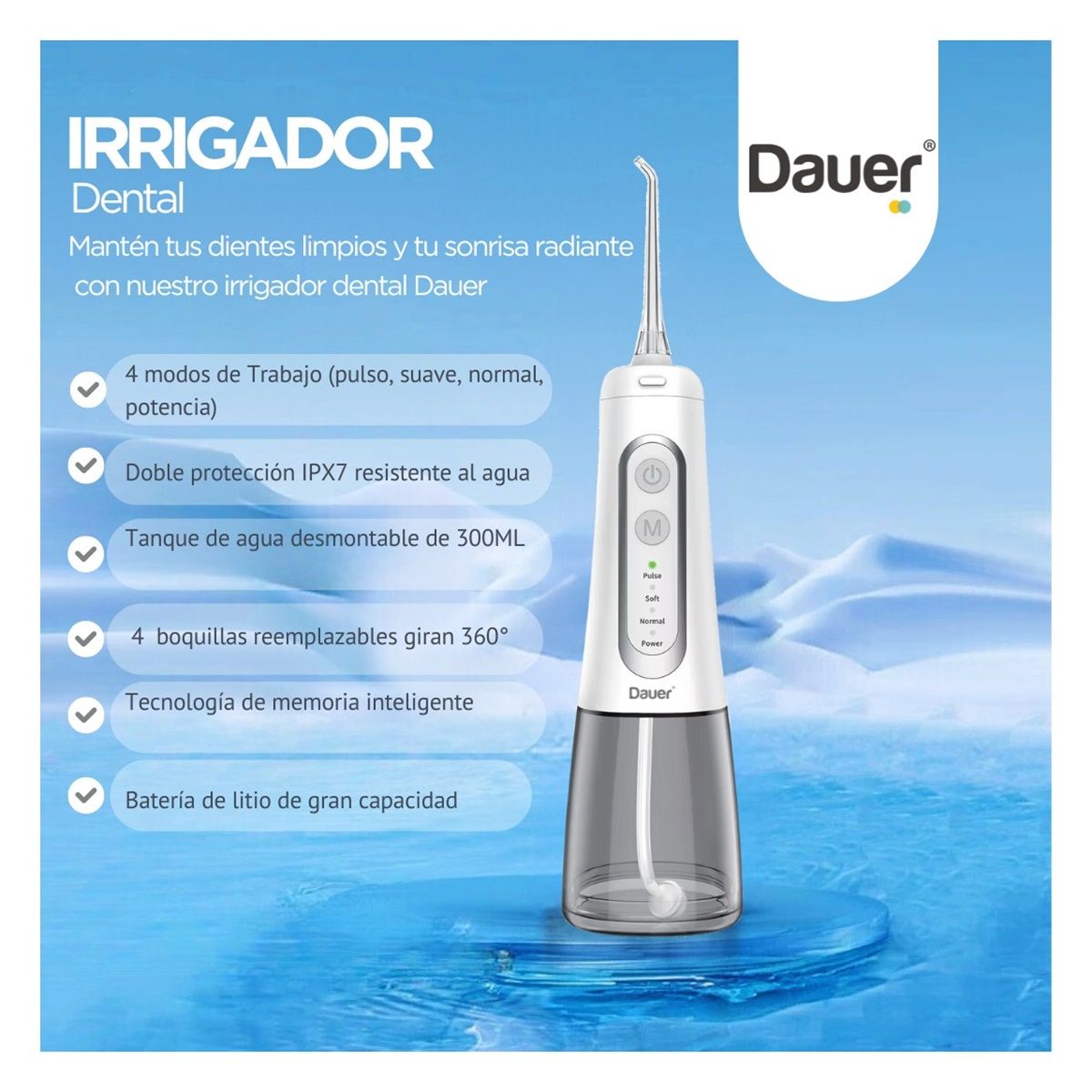 DAUER - Irrigador Dental Eléctrico Portátil  Ipx7 +4 Puntas
