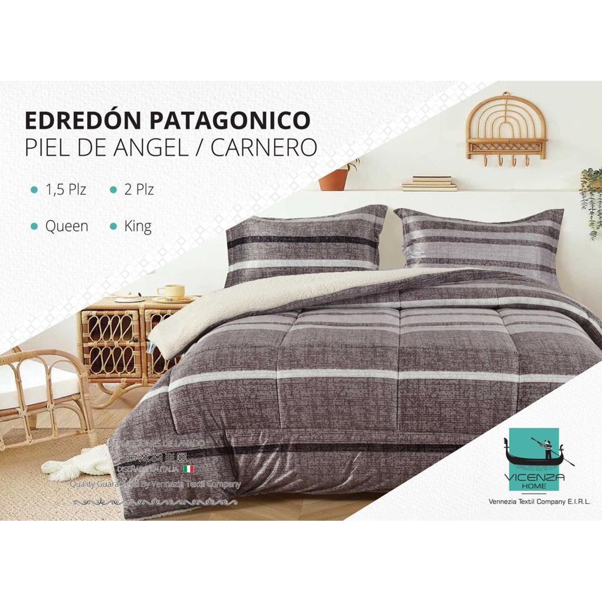 VENEZIA - Set Edredón 1.5 Pz Piel de Ángel con Carnero + Sabanas y Fundas 100 % Calidad