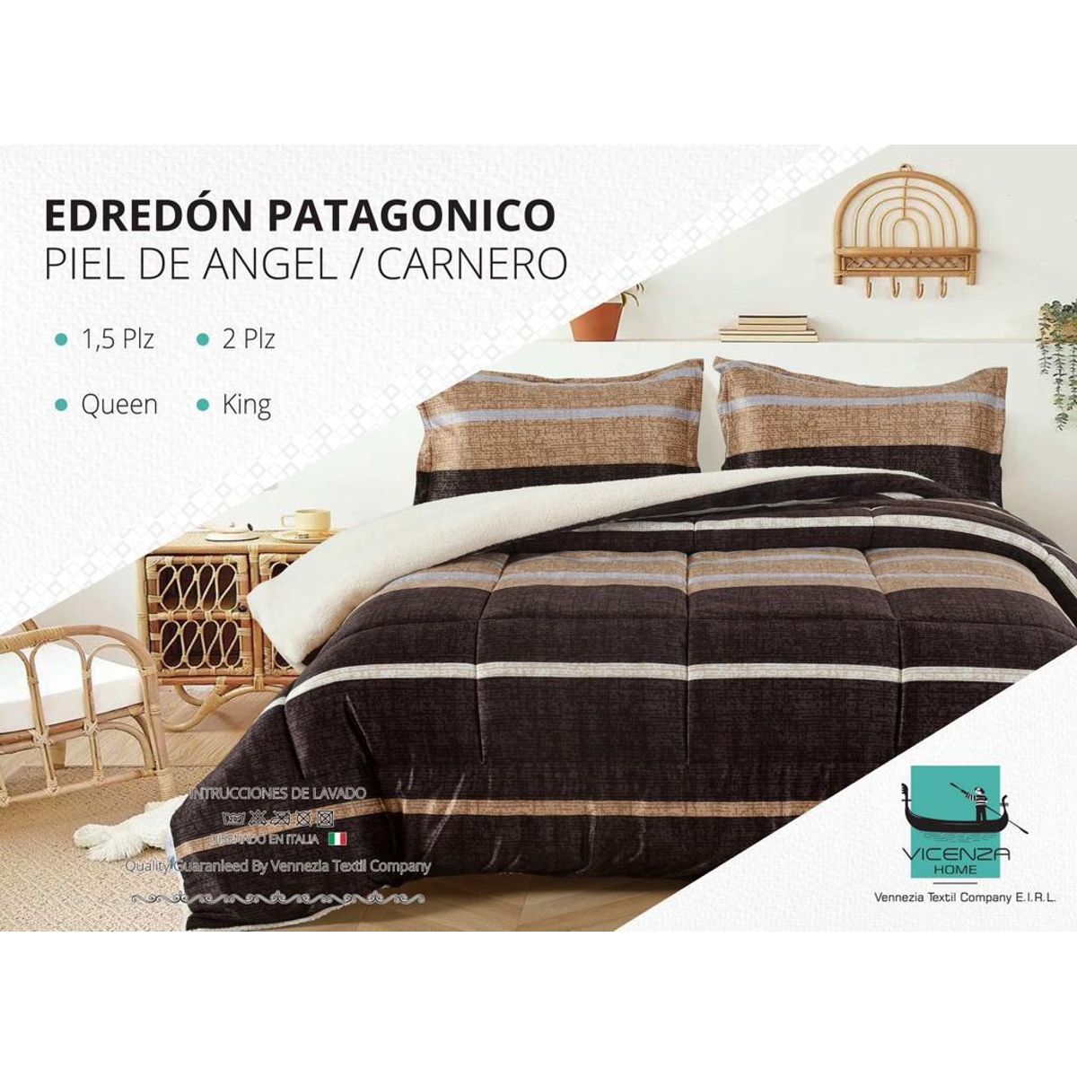 VENEZIA - Set Edredón 1.5 Pz Piel de Ángel con Carnero + Sabanas y Fundas 100 % Calidad