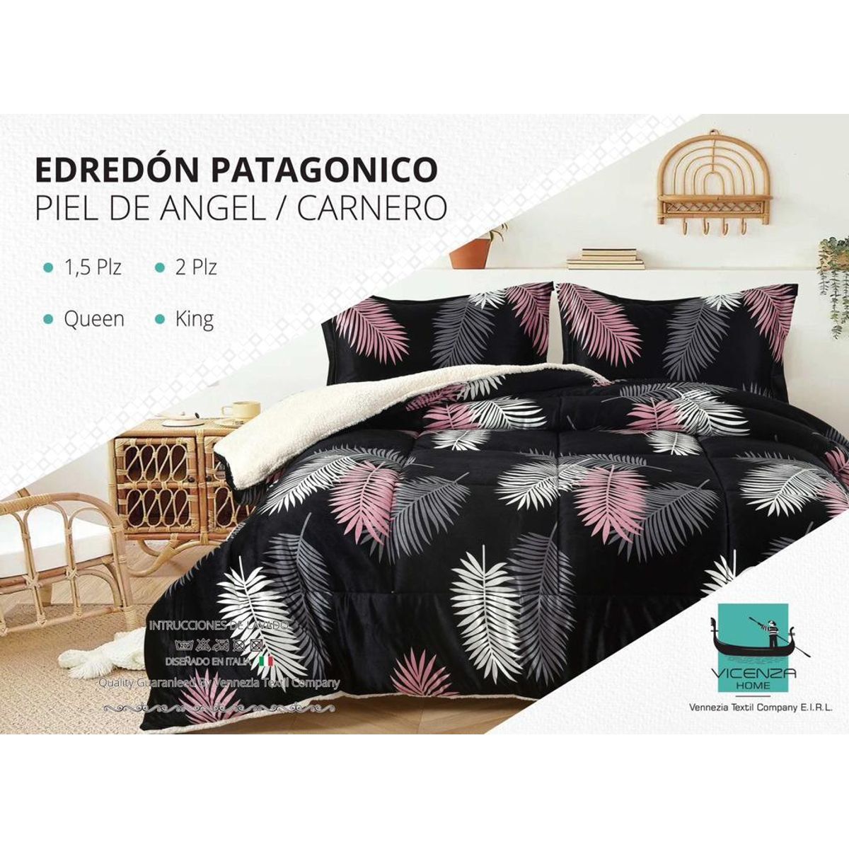 VENEZIA - Set Edredón 1.5 Pz Piel de Ángel con Carnero + Sabanas y Fundas 100 % Calidad