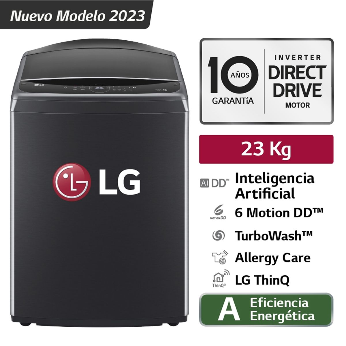 LG - Lavadora LG 23KG AI DD WT23PBVS6 Negro Plateado
