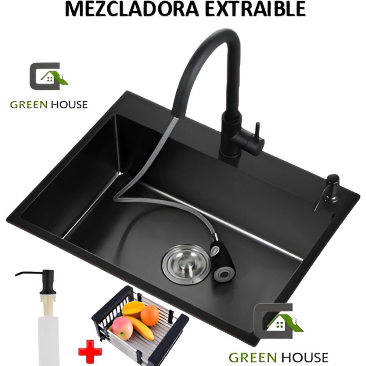 GENERICO - COMBO LAVADERO 60X45X23CM  NEGRO + MEZCLADORA EXTRAIBLE NEGRA