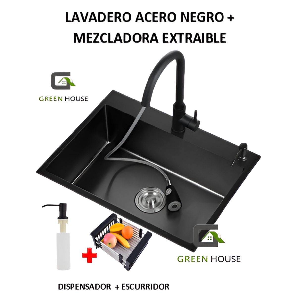 GENERICO - COMBO LAVADERO 60X45X23CM  NEGRO + MEZCLADORA EXTRAIBLE NEGRA