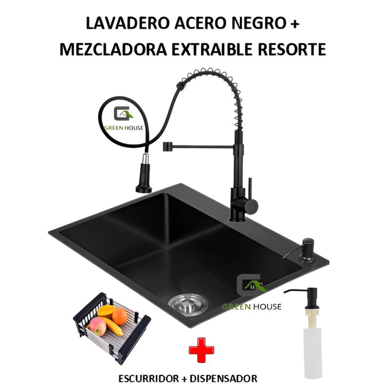 IMPORTADO MC - COMBO LAVADERO 60X45X23CM  + MEZCLADORA RESORTE  EXTRAIBLE NEGRA